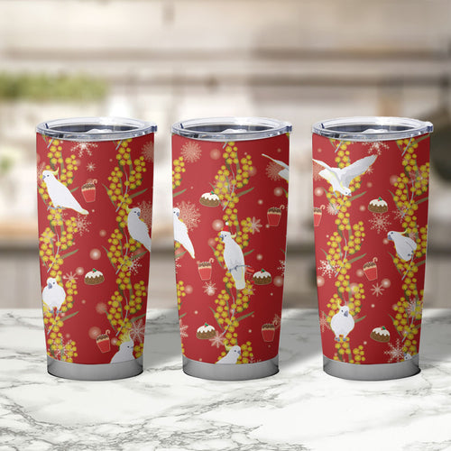 Australia Sulphur-crested Cockatoo Christmas Tumbler Cup Aussie Golden Wattle Seamless Style