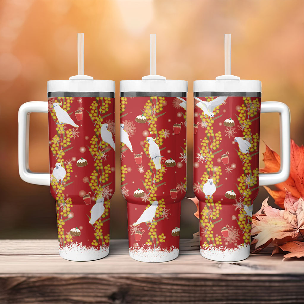Australia Sulphur-crested Cockatoo Christmas Tumbler With Handle Aussie Golden Wattle Seamless Style