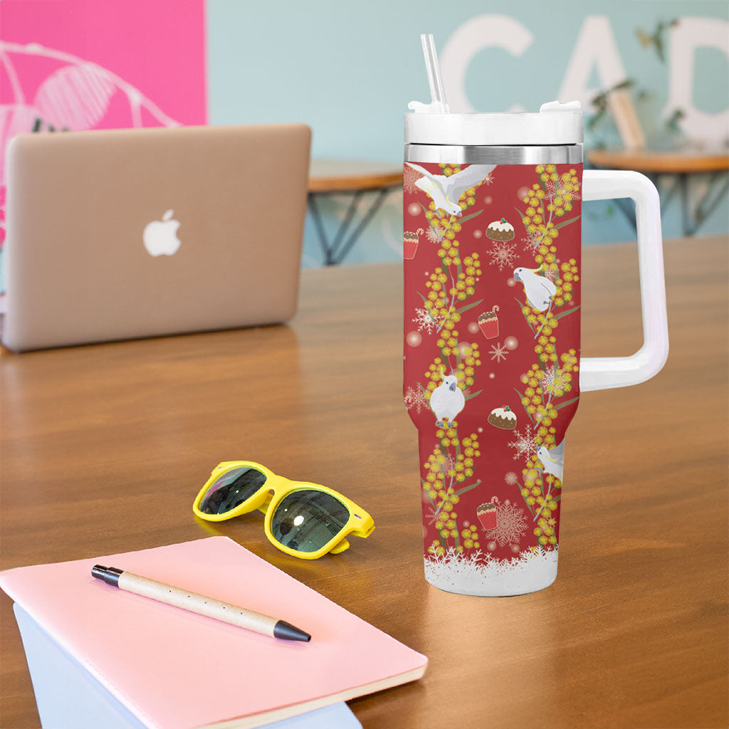 Australia Sulphur-crested Cockatoo Christmas Tumbler With Handle Aussie Golden Wattle Seamless Style