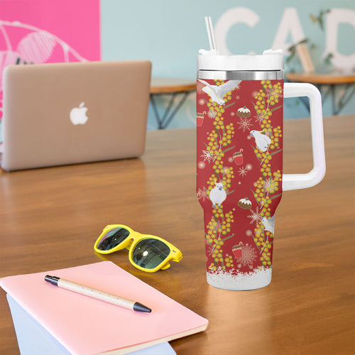 Australia Sulphur-crested Cockatoo Christmas Tumbler With Handle Aussie Golden Wattle Seamless Style