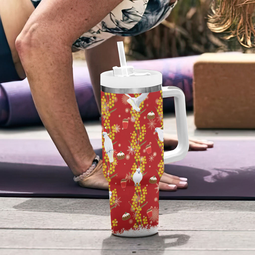 Australia Sulphur-crested Cockatoo Christmas Tumbler With Handle Aussie Golden Wattle Seamless Style