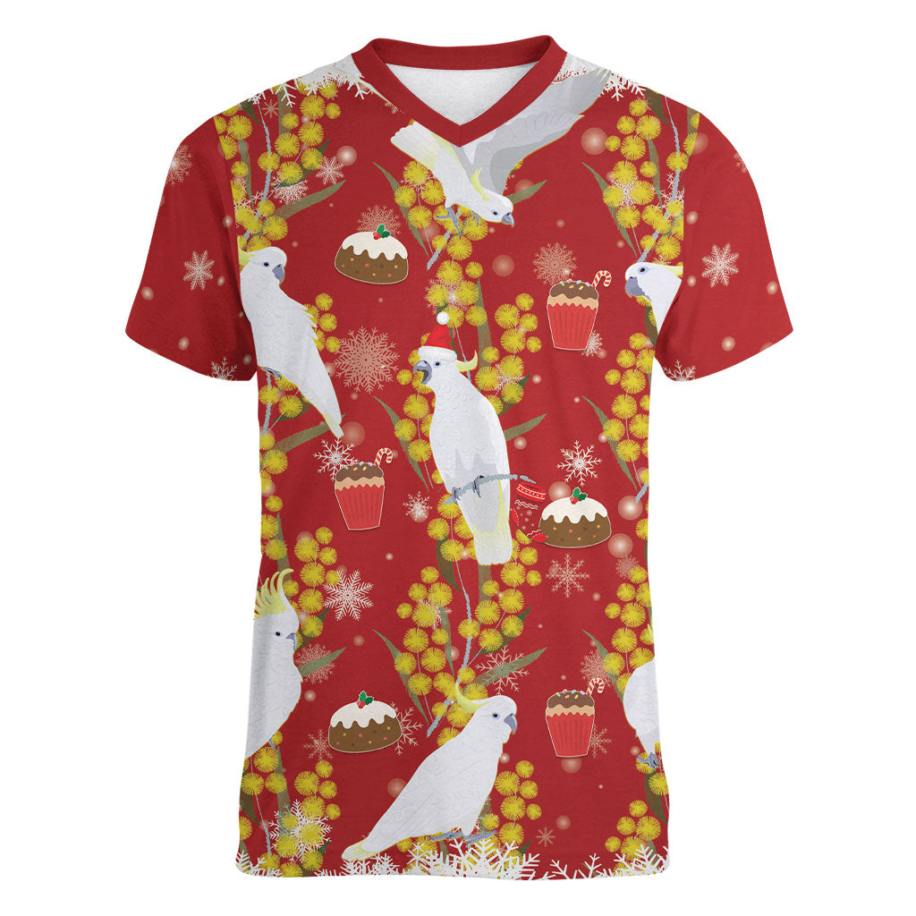 Australia Sulphur-crested Cockatoo Christmas Women V-Neck T-Shirt Aussie Golden Wattle Seamless Style