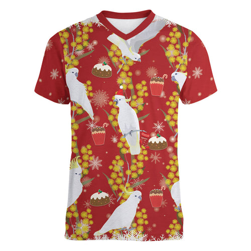 Australia Sulphur-crested Cockatoo Christmas Women V-Neck T-Shirt Aussie Golden Wattle Seamless Style