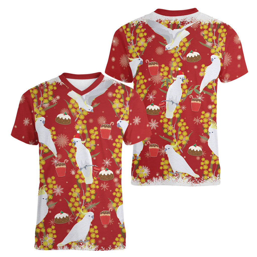 Australia Sulphur-crested Cockatoo Christmas Women V-Neck T-Shirt Aussie Golden Wattle Seamless Style