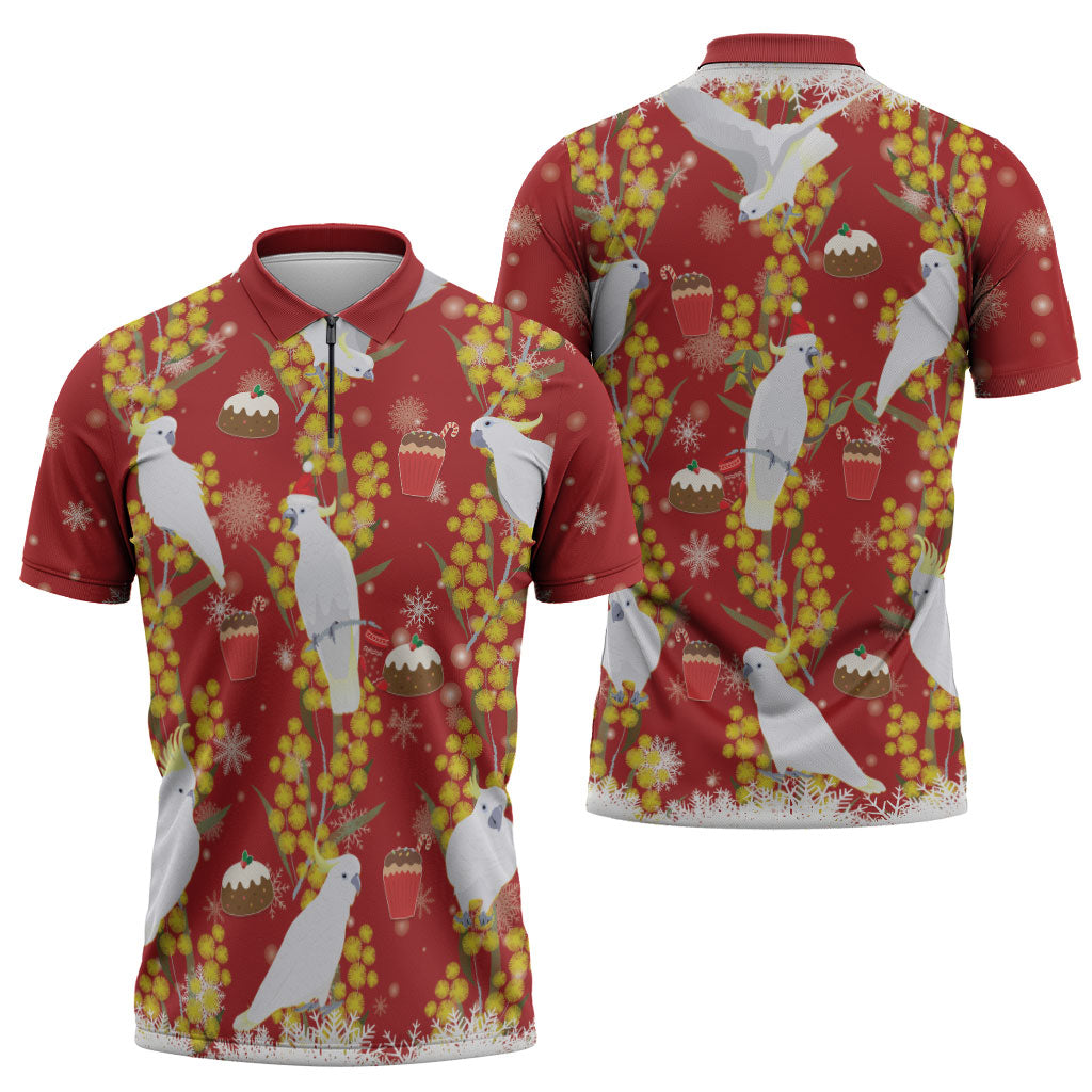 Australia Sulphur-crested Cockatoo Christmas Zipper Polo Shirt Aussie Golden Wattle Seamless Style
