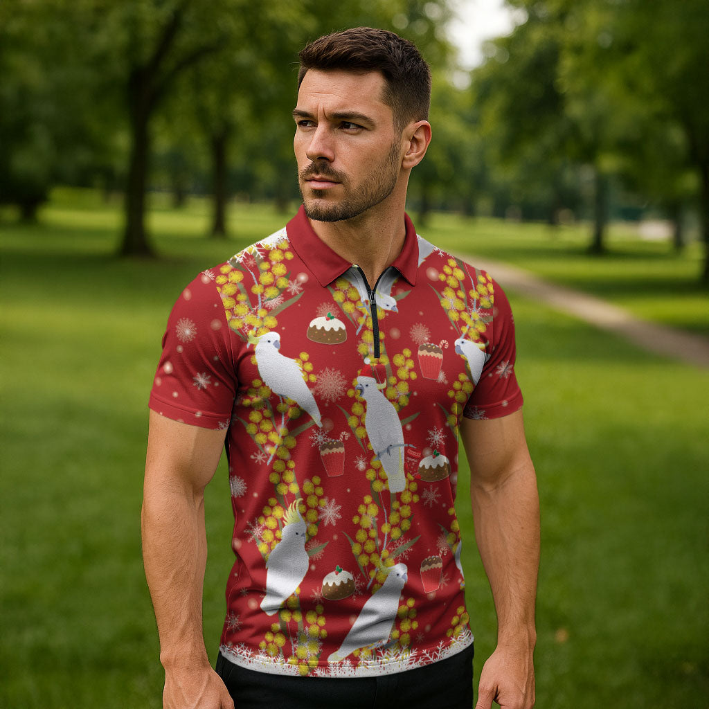 Australia Sulphur-crested Cockatoo Christmas Zipper Polo Shirt Aussie Golden Wattle Seamless Style