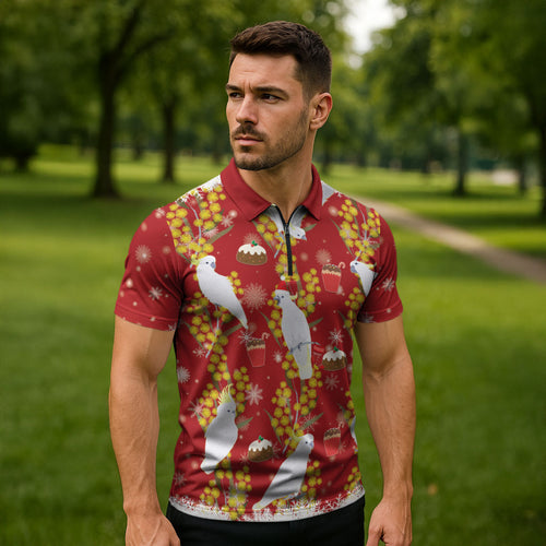 Australia Sulphur-crested Cockatoo Christmas Zipper Polo Shirt Aussie Golden Wattle Seamless Style