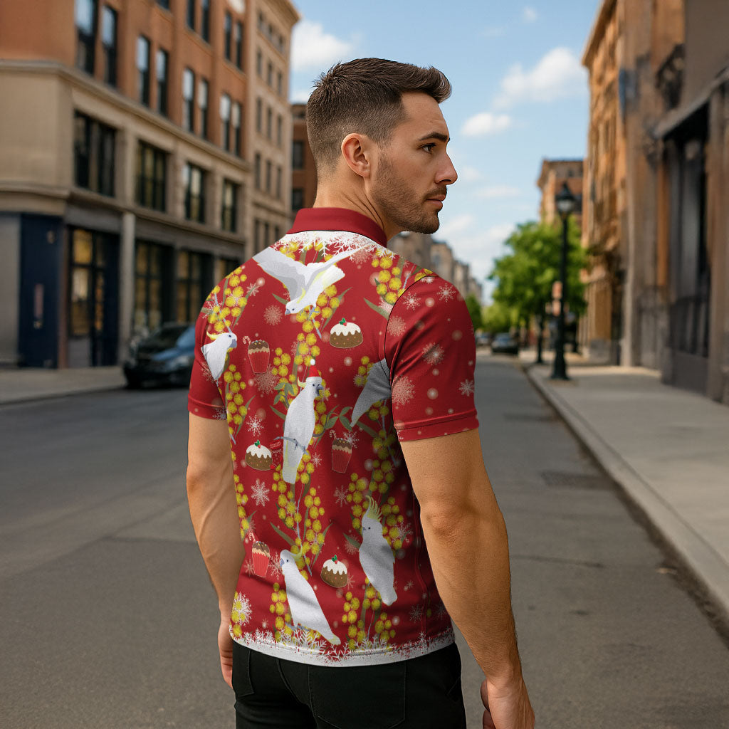Australia Sulphur-crested Cockatoo Christmas Zipper Polo Shirt Aussie Golden Wattle Seamless Style