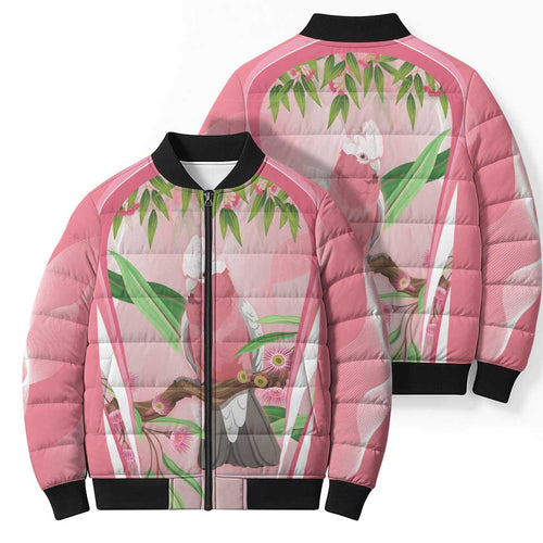Galah Cockatoo Australia Bomber Puffer Jacket Aussie Native Eucalyptus Caesia Flowers