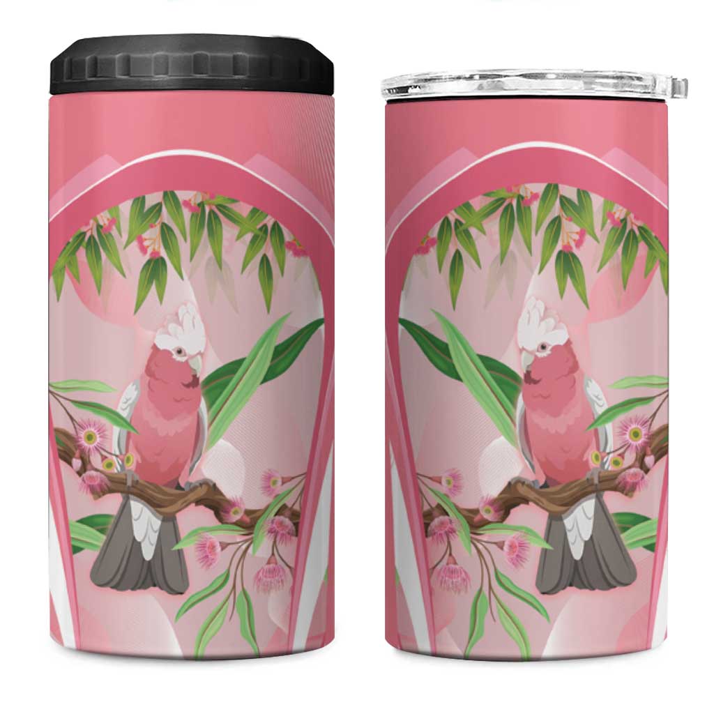 Galah Cockatoo Australia 4 in 1 Can Cooler Tumbler Aussie Native Eucalyptus Caesia Flowers