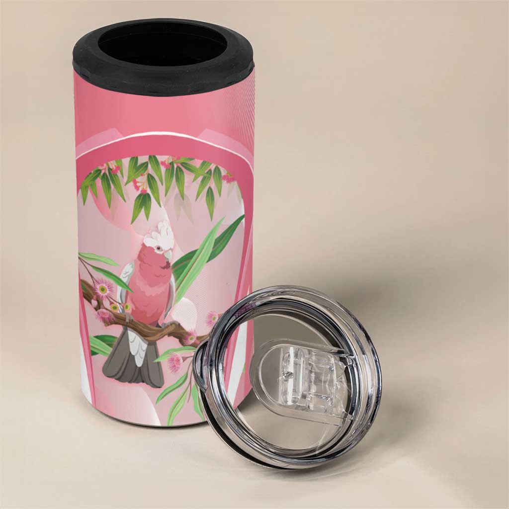 Galah Cockatoo Australia 4 in 1 Can Cooler Tumbler Aussie Native Eucalyptus Caesia Flowers