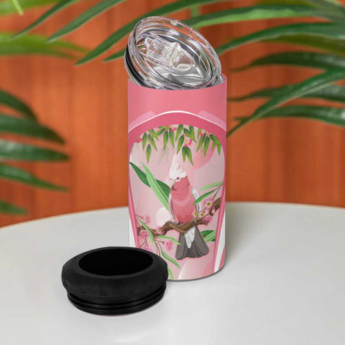 Galah Cockatoo Australia 4 in 1 Can Cooler Tumbler Aussie Native Eucalyptus Caesia Flowers