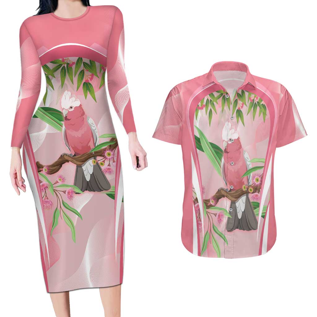 Galah Cockatoo Australia Couples Matching Long Sleeve Bodycon Dress and Hawaiian Shirt Aussie Native Eucalyptus Caesia Flowers