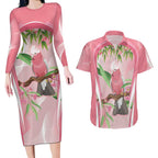 Galah Cockatoo Australia Couples Matching Long Sleeve Bodycon Dress and Hawaiian Shirt Aussie Native Eucalyptus Caesia Flowers
