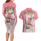 Galah Cockatoo Australia Couples Matching Long Sleeve Bodycon Dress and Hawaiian Shirt Aussie Native Eucalyptus Caesia Flowers