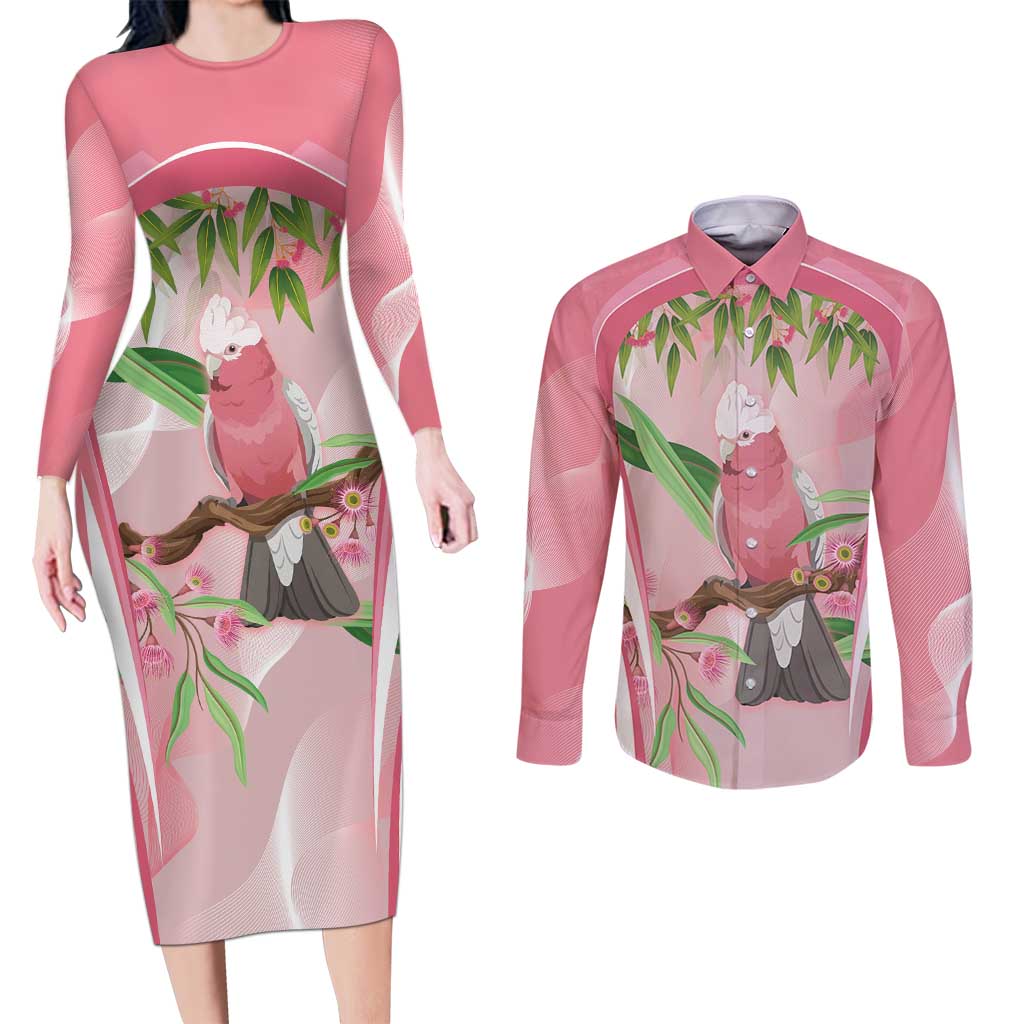 Galah Cockatoo Australia Couples Matching Long Sleeve Bodycon Dress and Long Sleeve Button Shirt Aussie Native Eucalyptus Caesia Flowers