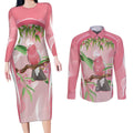 Galah Cockatoo Australia Couples Matching Long Sleeve Bodycon Dress and Long Sleeve Button Shirt Aussie Native Eucalyptus Caesia Flowers