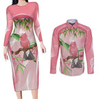Galah Cockatoo Australia Couples Matching Long Sleeve Bodycon Dress and Long Sleeve Button Shirt Aussie Native Eucalyptus Caesia Flowers