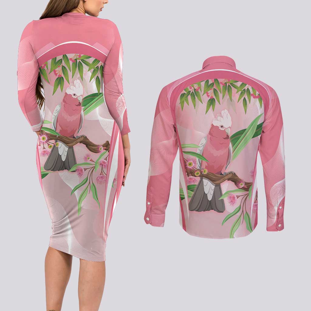Galah Cockatoo Australia Couples Matching Long Sleeve Bodycon Dress and Long Sleeve Button Shirt Aussie Native Eucalyptus Caesia Flowers