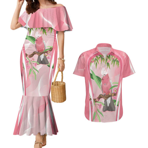 Galah Cockatoo Australia Couples Matching Mermaid Dress and Hawaiian Shirt Aussie Native Eucalyptus Caesia Flowers