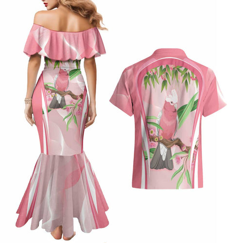 Galah Cockatoo Australia Couples Matching Mermaid Dress and Hawaiian Shirt Aussie Native Eucalyptus Caesia Flowers