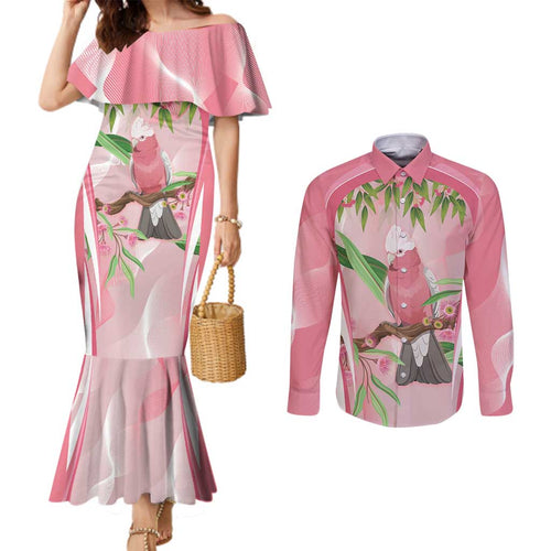 Galah Cockatoo Australia Couples Matching Mermaid Dress and Long Sleeve Button Shirt Aussie Native Eucalyptus Caesia Flowers