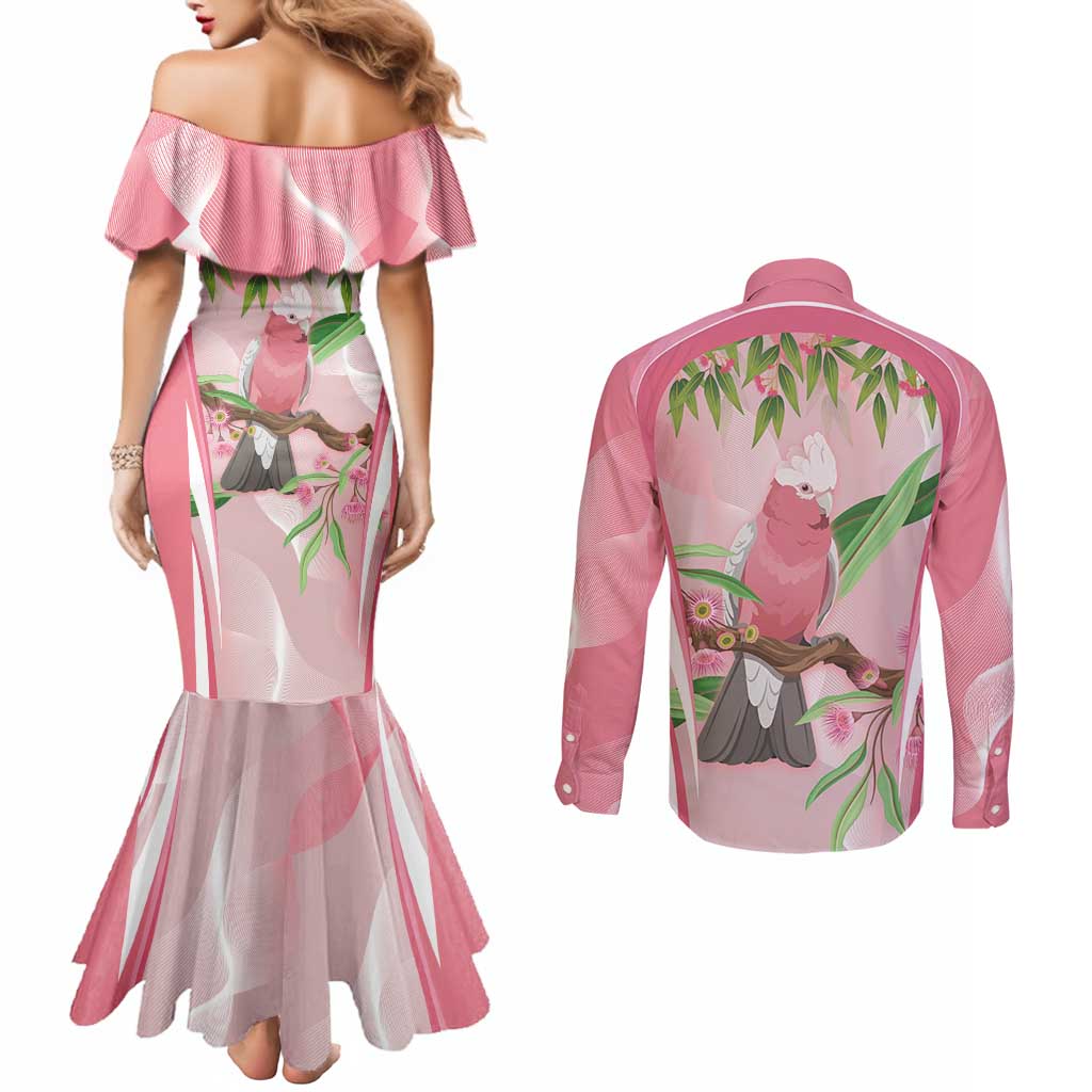 Galah Cockatoo Australia Couples Matching Mermaid Dress and Long Sleeve Button Shirt Aussie Native Eucalyptus Caesia Flowers