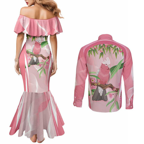 Galah Cockatoo Australia Couples Matching Mermaid Dress and Long Sleeve Button Shirt Aussie Native Eucalyptus Caesia Flowers