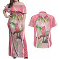 Galah Cockatoo Australia Couples Matching Off Shoulder Maxi Dress and Hawaiian Shirt Aussie Native Eucalyptus Caesia Flowers