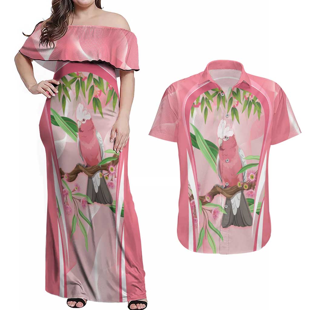 Galah Cockatoo Australia Couples Matching Off Shoulder Maxi Dress and Hawaiian Shirt Aussie Native Eucalyptus Caesia Flowers