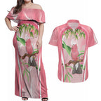 Galah Cockatoo Australia Couples Matching Off Shoulder Maxi Dress and Hawaiian Shirt Aussie Native Eucalyptus Caesia Flowers