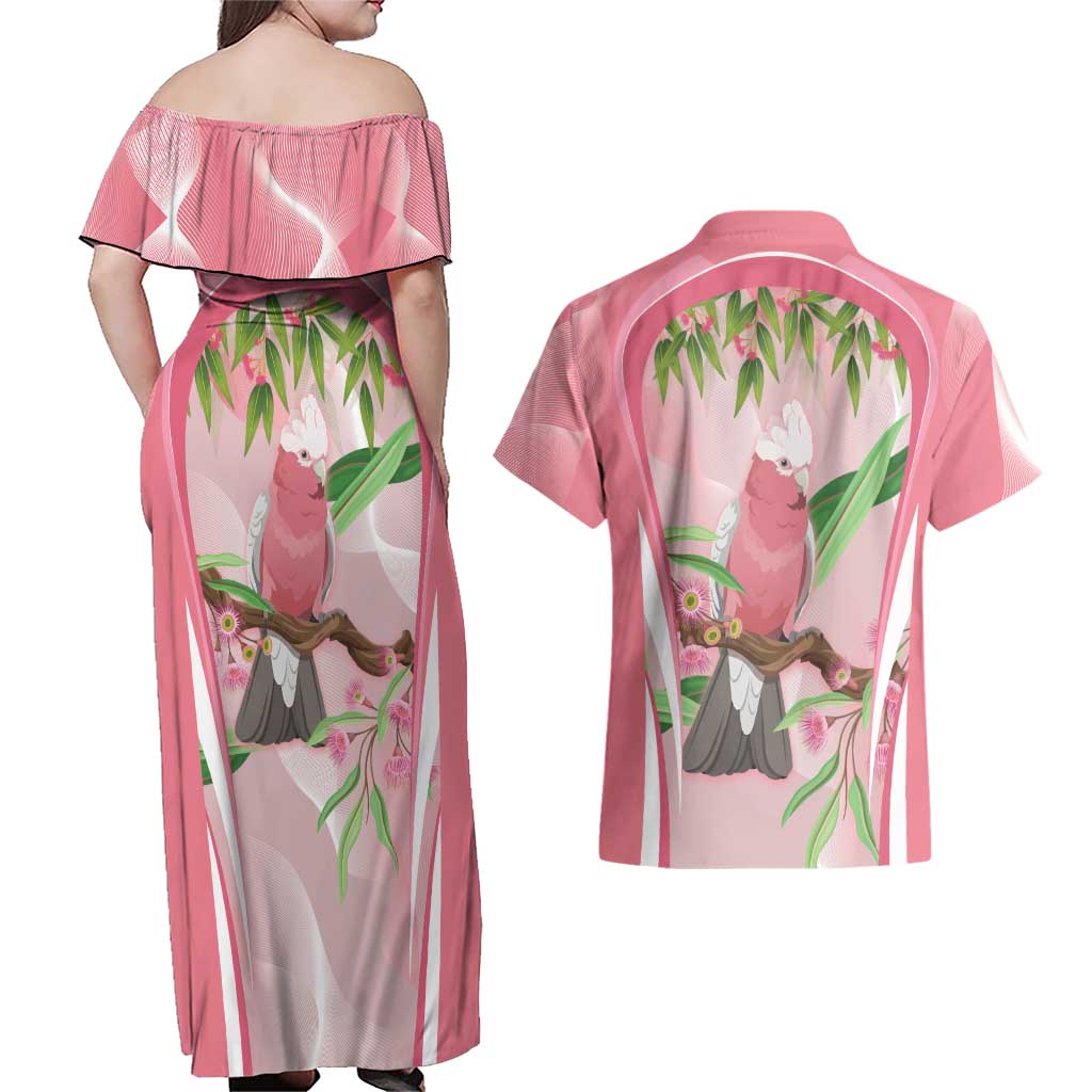 Galah Cockatoo Australia Couples Matching Off Shoulder Maxi Dress and Hawaiian Shirt Aussie Native Eucalyptus Caesia Flowers