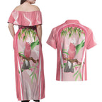Galah Cockatoo Australia Couples Matching Off Shoulder Maxi Dress and Hawaiian Shirt Aussie Native Eucalyptus Caesia Flowers