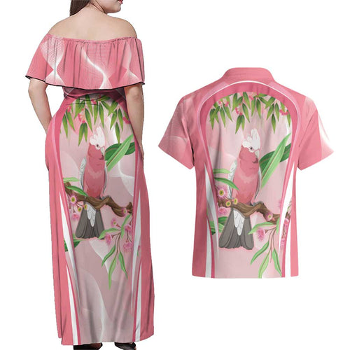 Galah Cockatoo Australia Couples Matching Off Shoulder Maxi Dress and Hawaiian Shirt Aussie Native Eucalyptus Caesia Flowers