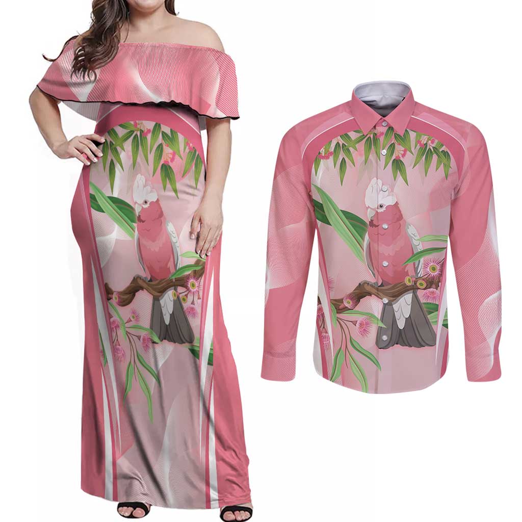 Galah Cockatoo Australia Couples Matching Off Shoulder Maxi Dress and Long Sleeve Button Shirt Aussie Native Eucalyptus Caesia Flowers
