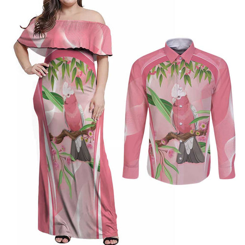 Galah Cockatoo Australia Couples Matching Off Shoulder Maxi Dress and Long Sleeve Button Shirt Aussie Native Eucalyptus Caesia Flowers