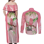 Galah Cockatoo Australia Couples Matching Off Shoulder Maxi Dress and Long Sleeve Button Shirt Aussie Native Eucalyptus Caesia Flowers