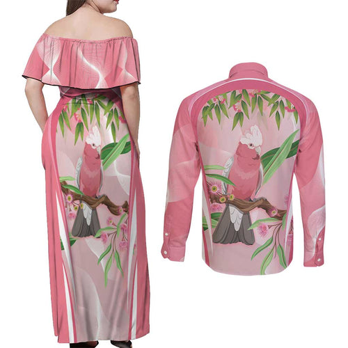 Galah Cockatoo Australia Couples Matching Off Shoulder Maxi Dress and Long Sleeve Button Shirt Aussie Native Eucalyptus Caesia Flowers