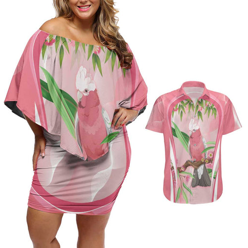 Galah Cockatoo Australia Couples Matching Off Shoulder Short Dress and Hawaiian Shirt Aussie Native Eucalyptus Caesia Flowers
