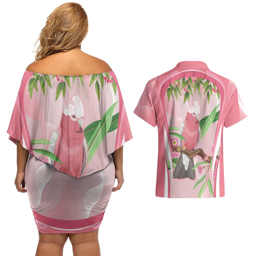 Galah Cockatoo Australia Couples Matching Off Shoulder Short Dress and Hawaiian Shirt Aussie Native Eucalyptus Caesia Flowers