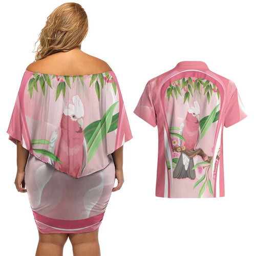 Galah Cockatoo Australia Couples Matching Off Shoulder Short Dress and Hawaiian Shirt Aussie Native Eucalyptus Caesia Flowers