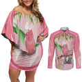 Galah Cockatoo Australia Couples Matching Off Shoulder Short Dress and Long Sleeve Button Shirt Aussie Native Eucalyptus Caesia Flowers