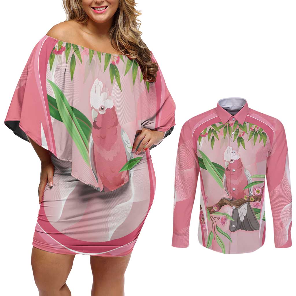 Galah Cockatoo Australia Couples Matching Off Shoulder Short Dress and Long Sleeve Button Shirt Aussie Native Eucalyptus Caesia Flowers
