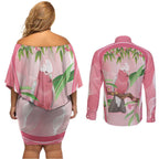 Galah Cockatoo Australia Couples Matching Off Shoulder Short Dress and Long Sleeve Button Shirt Aussie Native Eucalyptus Caesia Flowers