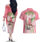 Galah Cockatoo Australia Couples Matching Off The Shoulder Long Sleeve Dress and Hawaiian Shirt Aussie Native Eucalyptus Caesia Flowers