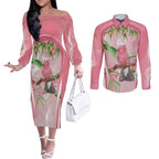 Galah Cockatoo Australia Couples Matching Off The Shoulder Long Sleeve Dress and Long Sleeve Button Shirt Aussie Native Eucalyptus Caesia Flowers