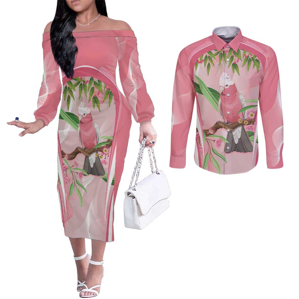Galah Cockatoo Australia Couples Matching Off The Shoulder Long Sleeve Dress and Long Sleeve Button Shirt Aussie Native Eucalyptus Caesia Flowers