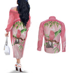 Galah Cockatoo Australia Couples Matching Off The Shoulder Long Sleeve Dress and Long Sleeve Button Shirt Aussie Native Eucalyptus Caesia Flowers