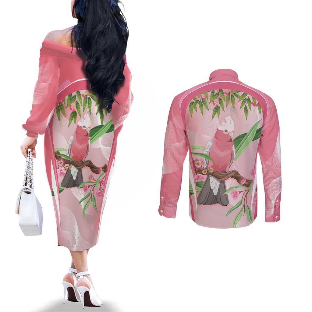 Galah Cockatoo Australia Couples Matching Off The Shoulder Long Sleeve Dress and Long Sleeve Button Shirt Aussie Native Eucalyptus Caesia Flowers