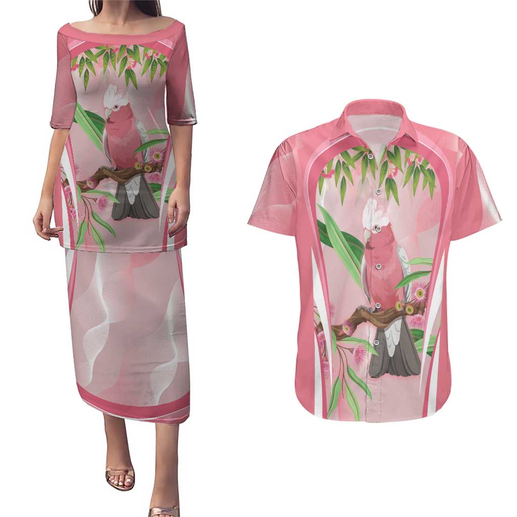 Galah Cockatoo Australia Couples Matching Puletasi and Hawaiian Shirt Aussie Native Eucalyptus Caesia Flowers